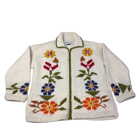 Del Mundo Hand Knit Wool Floral Cardigan Sweater Full Zip Cream Chunky Mens XL
